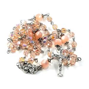 Handmade Pink Five Decade Rosary,  Stainless Steel Wire, Vintage Moonglow Beads